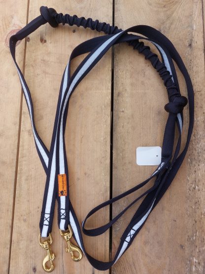Jöringleine für 2 Hund 2,50 m lang / schwarz / Reflektorband  / Messingkarabiner