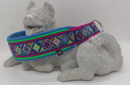Halsband -Gurtband pink - Webband - mit Nappaleder hellblau unterlegt -Paspelband neongrün -