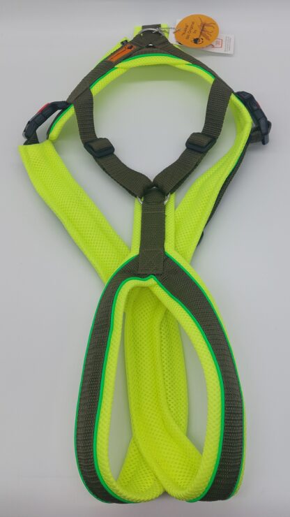 Snowpaws Trailgeschirr "Nukka" Größe 10 Gurtband khaki  - Polster Airmesh neongelb - Paspelband neongrün