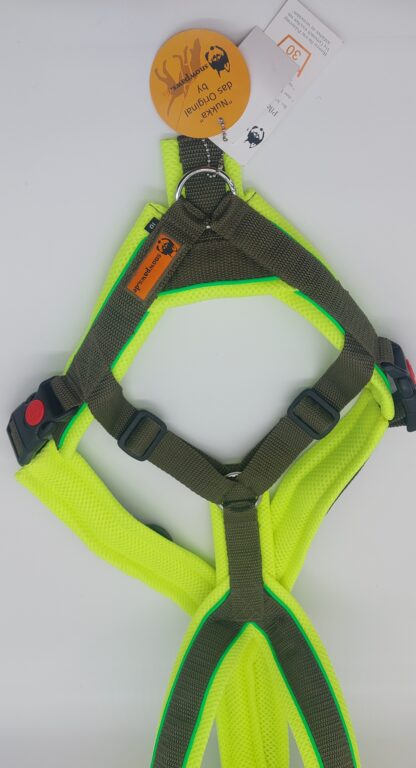 Snowpaws Trailgeschirr "Nukka" Größe 10 Gurtband khaki  - Polster Airmesh neongelb - Paspelband neongrün – Bild 2