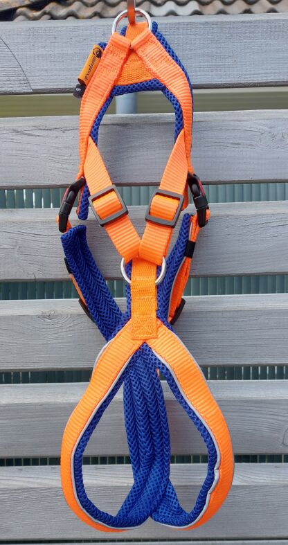 Snowpaws Trailgeschirr "Nukka" Größe 5 Gurtband orange  - Polster Airmesh blau - Paspelband silber