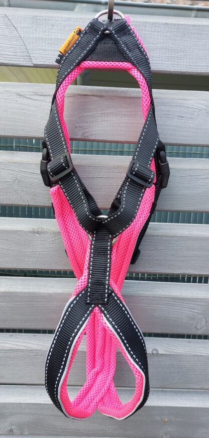 Snowpaws Trailgeschirr "Nukka" Größe 6 Gurtband schwarz_r  - Polster Airmesh neonpink - Paspelband silber – Bild 2